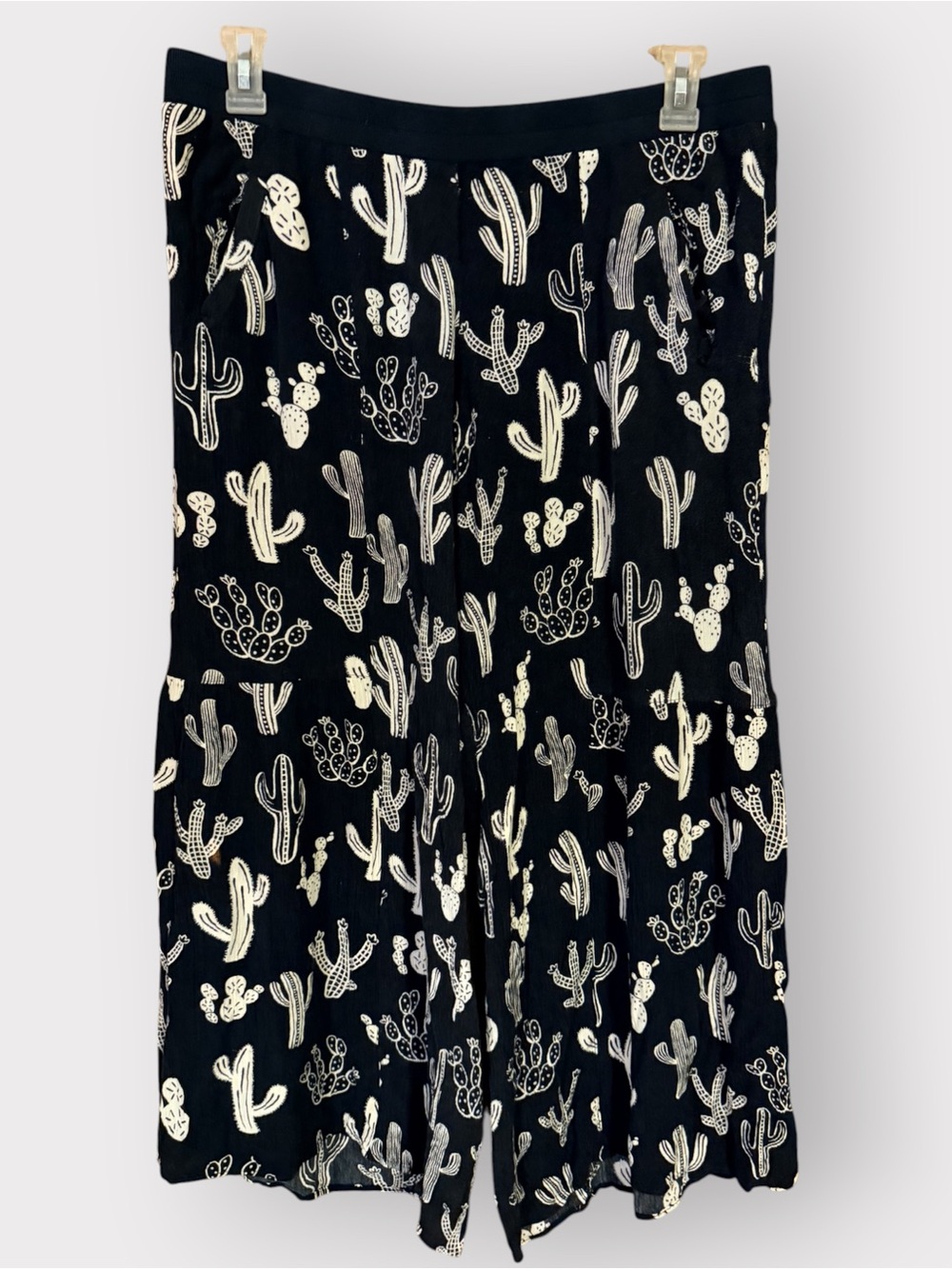 Ivy Jane Women’s L Black Cactus Print Wide Leg Pants Elastic Waist Boho Flawed
